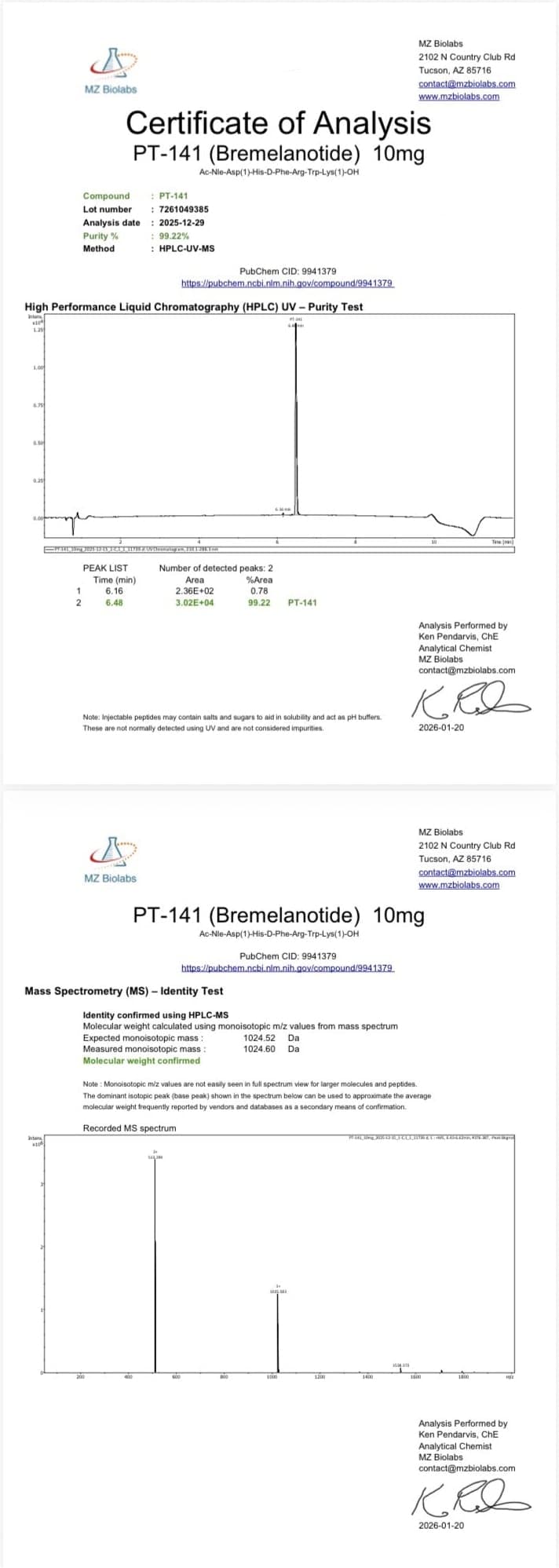 PT-141 (Bremelanotide) 10mg Certificate of Analysis