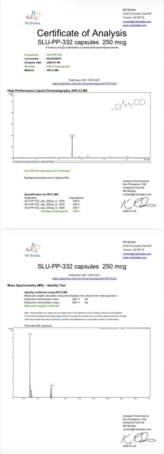 SLU-PP-332 (250 mcg / 100 capsules) Certificate of Analysis