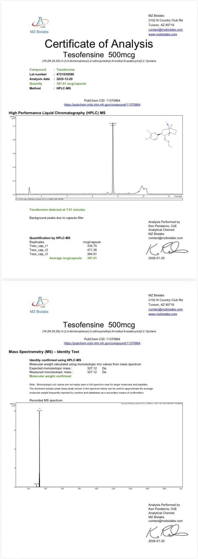Tesofensine 500mg Certificate of Analysis