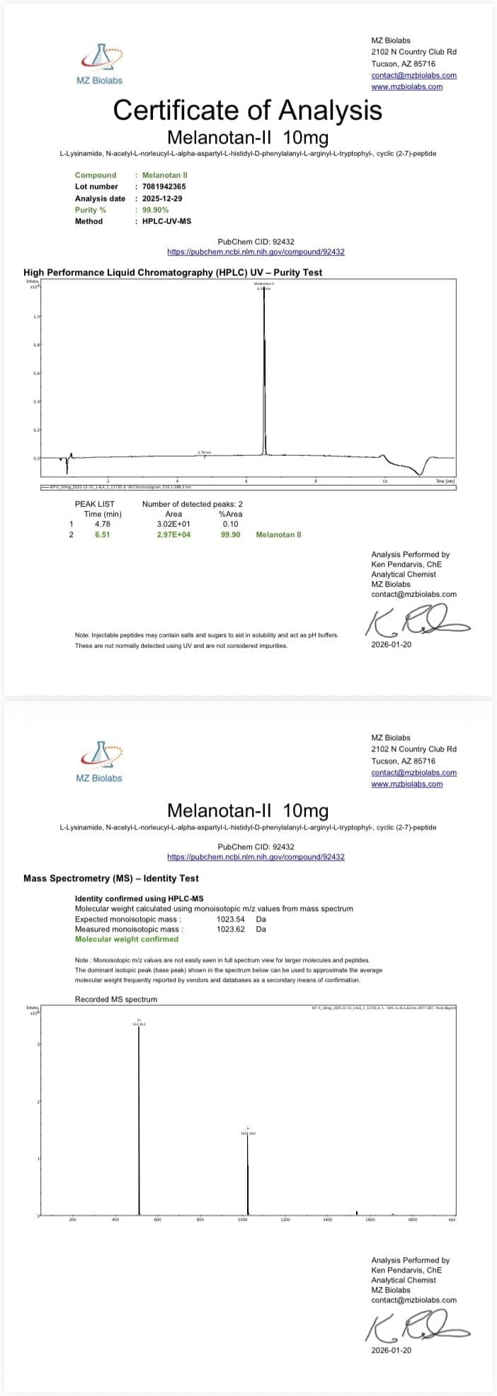Melanotan 2 10mg Certificate of Analysis