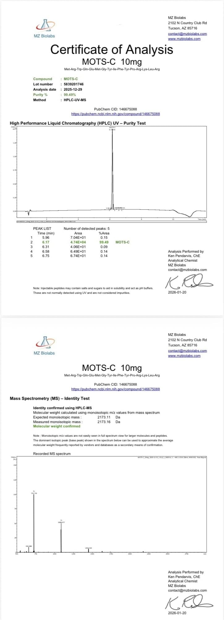 MOTS-C Certificate of Analysis