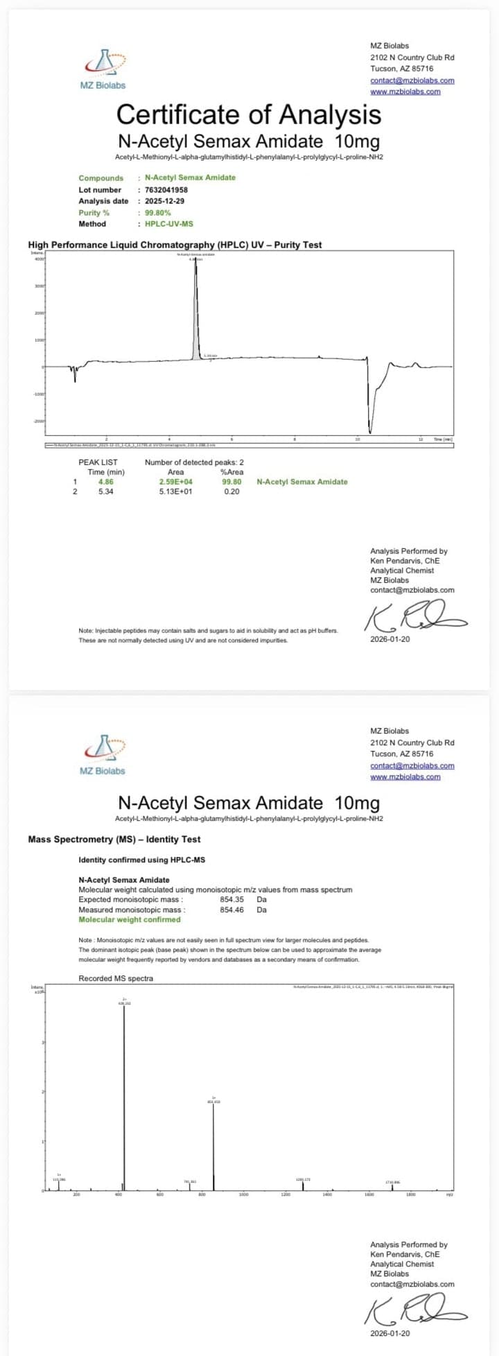 N-Acetyl Semax Amidate 10 mg Certificate of Analysis